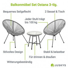 Juskys Balkonmöbel Set Ostana 3-teilig - Tisch & 2 Sessel - stilvolle Sitzgruppe für Balkon, Terrasse & Garten - Gartenmöbel 