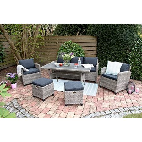 bellavista Garten Sitzgruppe Madeira II - Grau, Polyrattan, für 7 Personen, Wetterfest, Gartenmöbel-Set 6 teilig mit Sofa, Ti