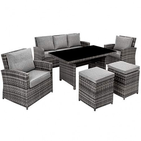 TecTake Hochwertige Luxus Aluminium Poly Rattan Garten Essgruppe rostfrei | 1 Sofa 2 Sessel 2 Hocker + Tisch mit Sicherheitsg