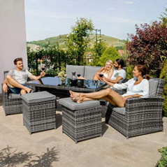 TecTake Hochwertige Luxus Aluminium Poly Rattan Garten Essgruppe rostfrei | 1 Sofa 2 Sessel 2 Hocker + Tisch mit Sicherheitsg