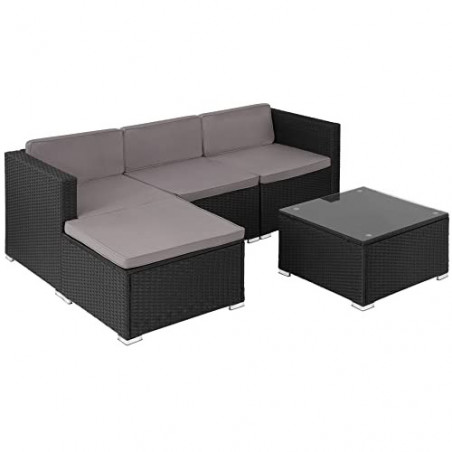 tectake Poly Rattan Lounge, 5-teilige Outdoor Sitzgruppe mit Sofa Hocker Tisch, frei kombinierbare Elemente, Gartenmöbel-Set 