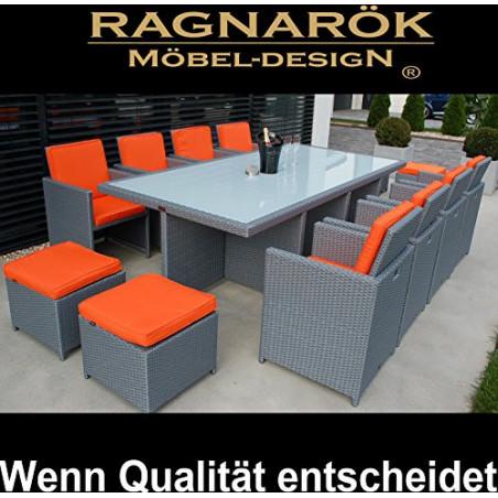 PolyRattan Essgruppe DEUTSCHE Marke - EIGNENE Produktion Tisch + 8X Stuhl & 4X Hocker 8 Jahre GARANTIE Glas Sitzkissen Ragnar