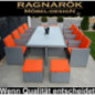 PolyRattan Essgruppe DEUTSCHE Marke - EIGNENE Produktion Tisch + 8X Stuhl & 4X Hocker 8 Jahre GARANTIE Glas Sitzkissen Ragnar