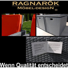 PolyRattan Essgruppe DEUTSCHE Marke - EIGNENE Produktion Tisch + 8X Stuhl & 4X Hocker 8 Jahre GARANTIE Glas Sitzkissen Ragnar