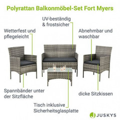 Juskys Polyrattan Sitzgruppe Fort Myers 4 Personen mit 2er Sofa, 2 Stühle, Tisch & Sitzkissen wetterfest grau-meliert Balkonm