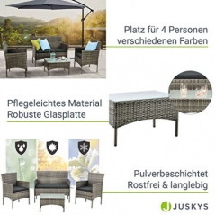 Juskys Polyrattan Sitzgruppe Fort Myers 4 Personen mit 2er Sofa, 2 Stühle, Tisch & Sitzkissen wetterfest grau-meliert Balkonm