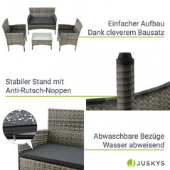 Juskys Polyrattan Sitzgruppe Fort Myers 4 Personen mit 2er Sofa, 2 Stühle, Tisch & Sitzkissen wetterfest grau-meliert Balkonm