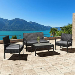 Juskys Polyrattan Gartenmöbel Set Trinidad mit Tisch, Sofa & 2 Stühlen - 4 Personen - Sitzkissen grau - Balkonmöbel Sitzgrupp