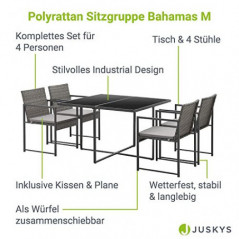 Juskys Polyrattan Sitzgruppe Bahamas M - Tisch, 4 Stühle & Kissen - Essgruppe für 4 Personen - Industrial Design - Gartenmöbe