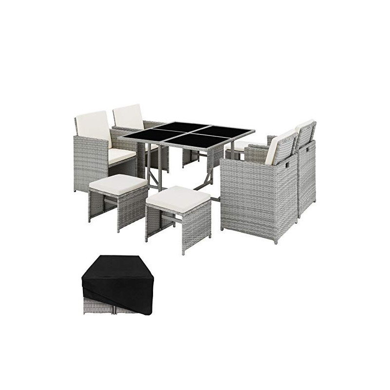 TecTake Lounge Möbel Set aus 4X Stühle, 1x Tisch, 4X Hocker, wetterfest und platzsparende Cube Aufbewahrung inkl. Schutzhülle