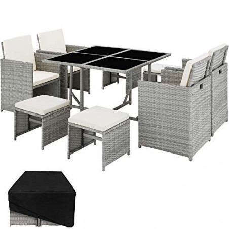TecTake Lounge Möbel Set aus 4X Stühle, 1x Tisch, 4X Hocker, wetterfest und platzsparende Cube Aufbewahrung inkl. Schutzhülle