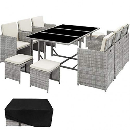 TecTake 800821 Poly Rattan Sitzgruppe | 6 Stühle 4 Hocker 1 Tisch + Schutzhülle & Edelstahlschrauben - Diverse Farben -  Hell