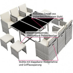 TecTake 800821 Poly Rattan Sitzgruppe | 6 Stühle 4 Hocker 1 Tisch + Schutzhülle & Edelstahlschrauben - Diverse Farben -  Hell