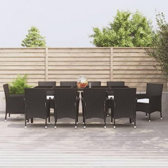 vidaXL 11-TLG. Garten-Essgruppe mit Kissen Schwarz Poly Rattan