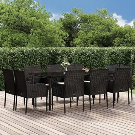 vidaXL 11-TLG. Garten-Essgruppe mit Kissen Schwarz Poly Rattan