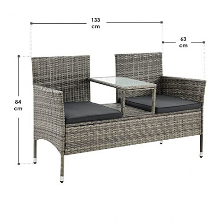 Juskys Polyrattan Gartenbank Monaco - 2-Sitzer Bank mit Tisch & Kissen - 133 × 63 × 84 cm - Rattan Sitzbank wetterfest Garten