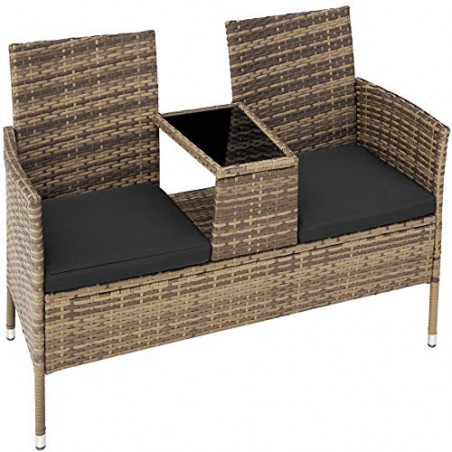 TecTake 404560 Poly Rattan Gartenbank mit Tisch, 2-Sitzer Bank, 131 x 61 x 82 cm, Sitzbank für Garten Balkon und Terrasse, Ga