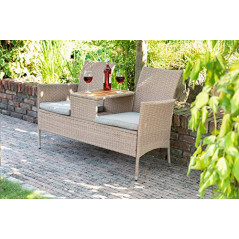 Ribelli Polyrattan Gartensitzbank mit Tisch, 2-Sitzer, für Garten und Terrasse, Gartenbank inkl. Sitzkissen, grau Gartenmöbel