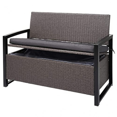 Mendler Poly-Rattan 2er Sitzbank HWC-F39, Gartenbank Truhenbank, Staufach Aufbewahrung Sitzkissen - grau-meliert, Kissen grau