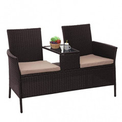 Mendler Poly-Rattan Sitzbank mit Tisch HWC-E24, Gartenbank Sitzgruppe Gartensofa, 132cm - braun, Kissen Creme