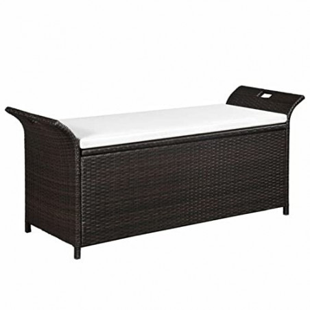 Voupuoda Truhenbank mit Polster Polsterbank Aufbewahrungsbox Sitztruhe Holzbank Aufbewahrungstruhe 138 cm Poly Rattan Braun