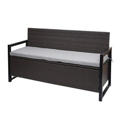 Mendler Poly-Rattan 3er Sitzbank HWC-F39AM, Gartenbank Truhenbank, Staufach Aufbewahrung Sitzkissen - grau, Kissen grau