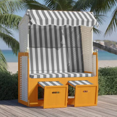 Hommdiy Strandkorb mit Dach Poly Rattan und Massivholz Weiß & Grau