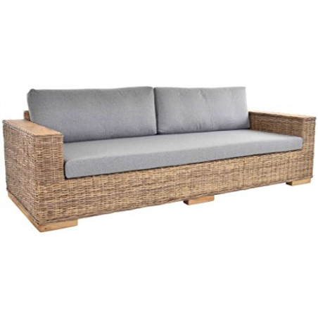 Krines Home Schlafsofa Maxi Rattan-Sofa Rattan Wohnzimmersofa mit Polster Couch Lounge Wohnzimmer Sofa  Grau Natur, 4-Sitzer 