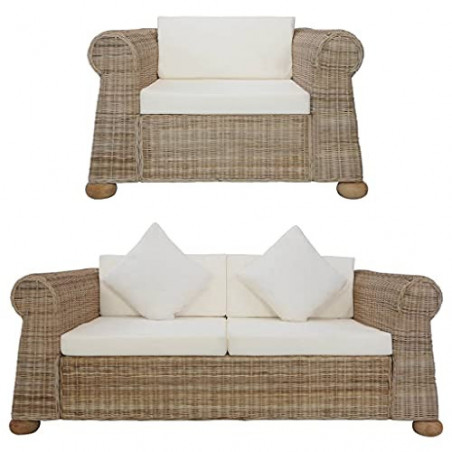 VEEKI 2-TLG. Sofagarnitur mit Kissen Natur Rattan,Schlafsessel Mit Bettfunktion, Eckcouch, Bodensofa, Küchensofa, Schlafsesse