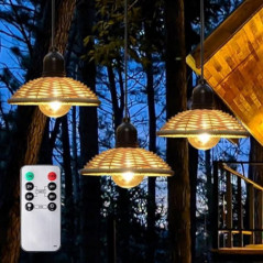 3x Außen Hängelampe Hängeleuchte mit Batterie Fernbedienung Batteriebetriebene Lampe Tragbare Boho Rattan Lampenschirm Pendel