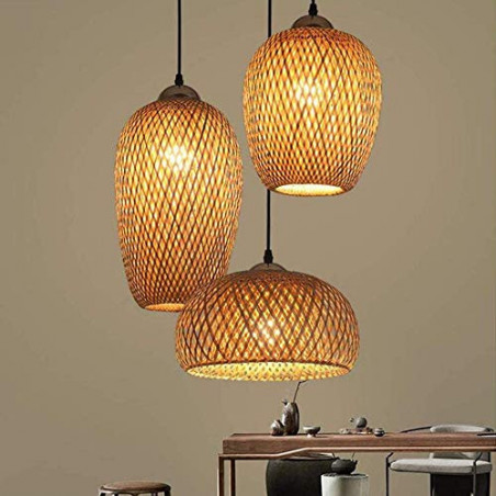 Rattan Bambus Pendelleuchte Retro Stil Laterne Kronleuchter Antik Holz Esszimmer Lampe Landhaus Hängelampe Wicker Lampenschir