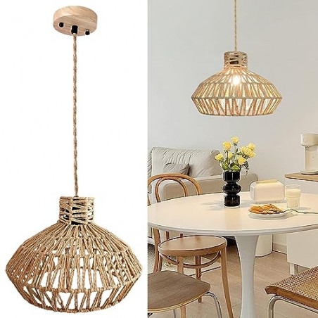 Hängelampe Rattan, Boho Vintage Pendelleuchte, Rustikal Retro Hängeleuchte Geflochten Lampenschirm Pendellampe Esstisch E27 E