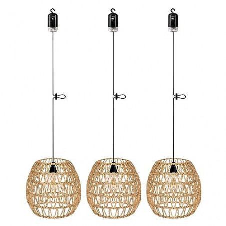 EcoGehen 3x Rattan Hängelampe mit Batterie Außen Innen Hängeleuchte Batteriebetriebene Lampe Tragbare Boho Korb Lampenschirm 