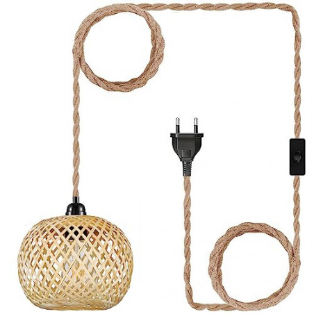 Vintage Dimmbar Hängelampe mit Stecker - Boho Lampe Pendelleuchte Rattan Bambus Lampenschirm Hängeleuchte Esstischlampe Rusti