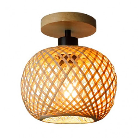 Vintage Boho Rattan Lampe Deckenleuchte Hängelampe - Bambus Holz Lampenschirm Deckenlampe Badlampe Badezimmerlampe Wandlampe 