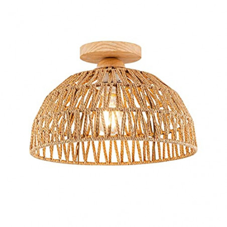 Vintage Boho Rattan Lampe Deckenleuchte Hängelampe - Bambus Holz Lampenschirm Retro Deckenlampe Badlampe Badezimmerlampe Wand