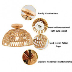 Vintage Boho Rattan Lampe Deckenleuchte Hängelampe - Bambus Holz Lampenschirm Retro Deckenlampe Badlampe Badezimmerlampe Wand