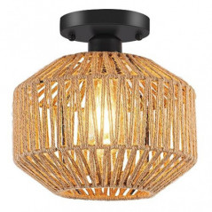 Vintage Boho Rattan Lampe Deckenleuchte Deckenlampe - Rustikal Hängelampe Geflochten Korb Lampenschirm Φ22cm Badezimmerlampe 