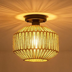 Vintage Boho Rattan Lampe Deckenleuchte Deckenlampe - Rustikal Hängelampe Geflochten Korb Lampenschirm Φ22cm Badezimmerlampe 
