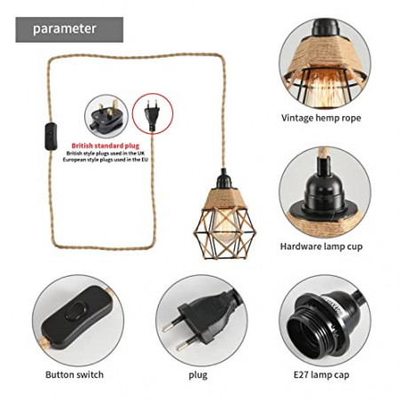 minifair Rattan Pendelleuchte Hängelampe mit Stecker und 4,5 m Kabel Vintage Lampenschirm mit Hanfseil E27 Halter Kit für Küc