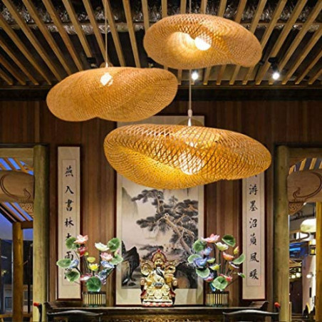 COOYO Vintage Pendelleuchte E27 Kronleuchter Retro Industrial Pendellampe Natürlichen Bambus Gewebt Hängeleuchten Höhenverste