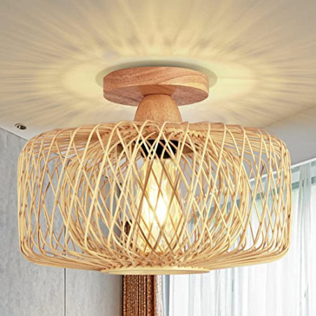 FRIDEKO HOME Deckenleuchte Vintage Bambus - Deckenlampe Holz Lampenschirm Hängelampe E27 Lampenfassung Boho Rattan Lampe Ø30c