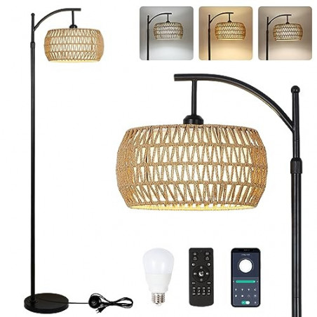 Rayofly Dimmbare Stehlampe Wohnzimmer, Rattan Stehlampe mit Fernbedienung, App-Steuerung, Boho Stehleuchte mit Rattan & Leine