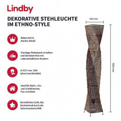 Lindby Rattan Stehlampe, Stehleuchte Höhe 150 cm mit Fußschalter, Standleuchte 2 flammig, E27 Fassung max. 60W, ohne Leuchtmi