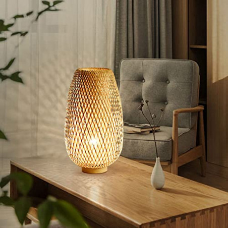 Boho Vintage Rattan Lampe Tischlampe Nachttischlampe für Wohnzimmer Schlafzimmer - Kleine Japanische Lampe Laterne Bambus Lam