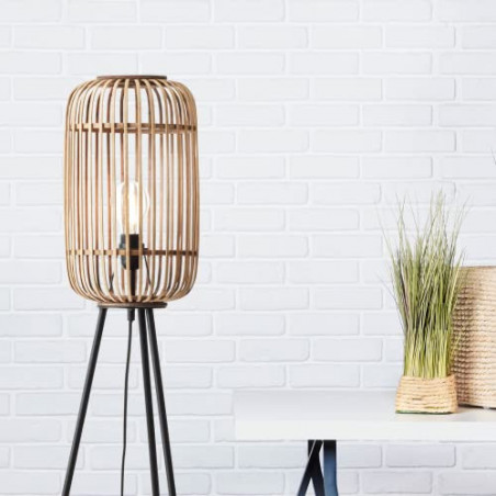 Lightbox dekorative Dreibein-Lampe - Stehleuchte im Nature-Style mit Fußschalter - Metall/Rattan Hellbraun - 1,3m Höhe