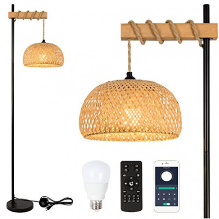 Rayofly Dimmbar Stehlampe Wohnzimmer, Vintage Holz Stehlampe mit Fernbedienung und LED-Glühbirne, App-Steuerung, Boho Stehleu