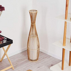 Stehleuchte Saranda, Vintage Bodenleuchte aus Bambus/Stoff in Natur/Weiß, Ø 18 cm, E27-Fassung, Stehlampe im Boho-Style mit F