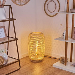 Stehleuchte Batumi, Bodenlampe aus Bambus in Natur, Stehlampe im skandinavischen Design m. Lichteffekt u. Fußschalter am Kabe