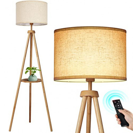 OUTON LED Stehlampe Dimmbar Dreibein Holz mit Regal, Fernbedienung, 4 Farbtemperatur Einstellbar, 1H Timer, Stativ Stehleucht